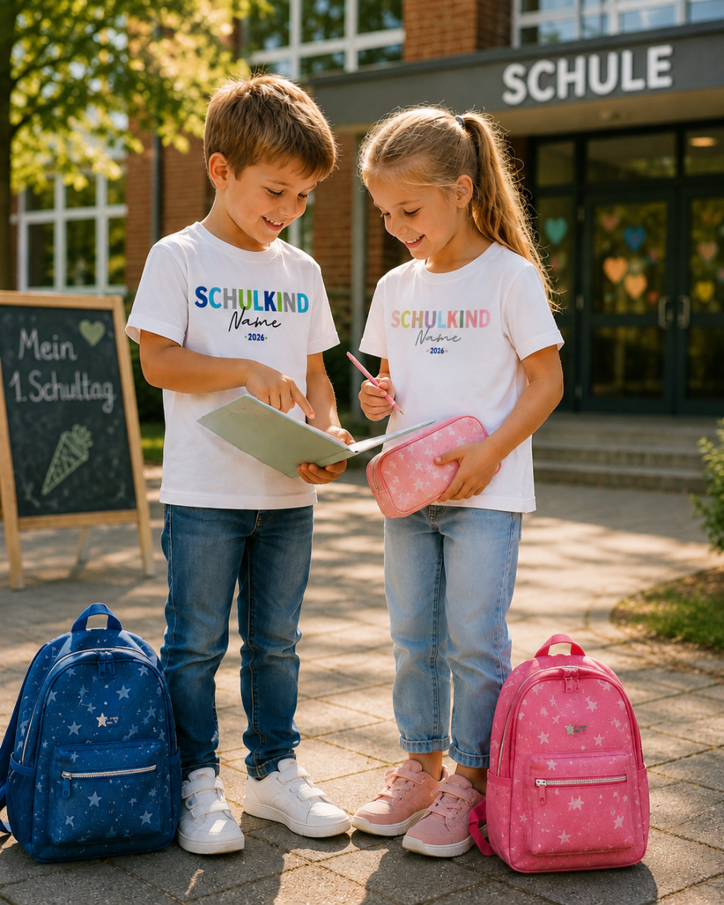 Personalisiertes Kinder T-Shirt "SCHULKIND 2026" mit Wunschname  – Perfekt zur Einschulung | Jungen & Mädchen Motiv Blau
