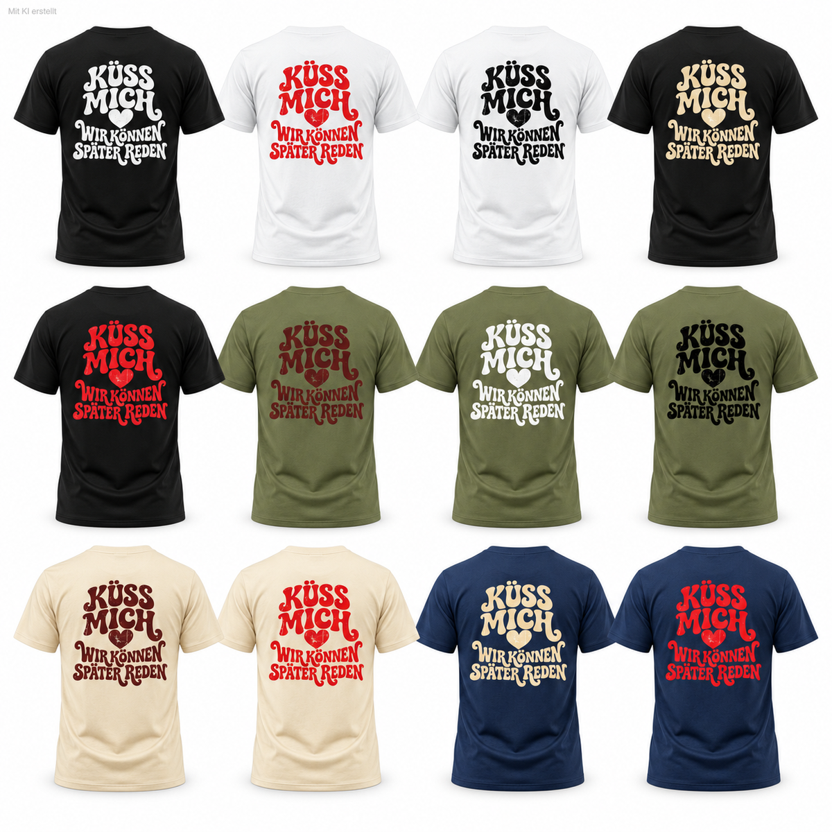 Retro-Shirt „Küss mich – Wir können später reden“ mit Herz und Rückenprint